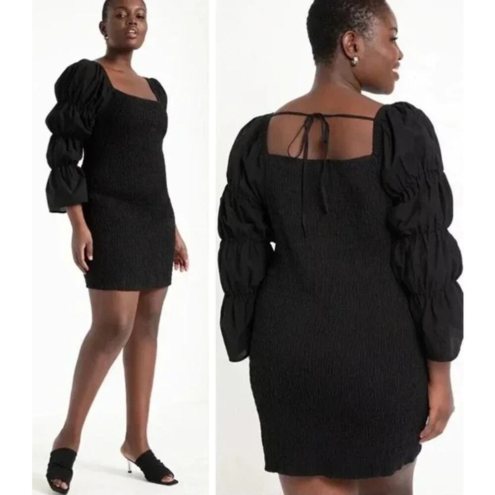 Eloquii | Black Smocked-Body Square-Neck Open-Back Long Puff Sleeve Dress 16